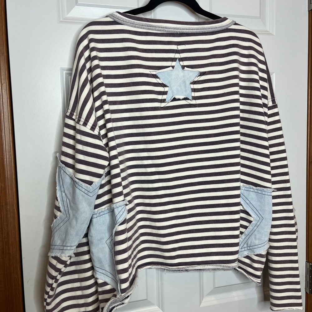 Oli & Hali Star Patch Striped Sweatshirt Distressed Boutique Brown Large - Picture 4 of 12